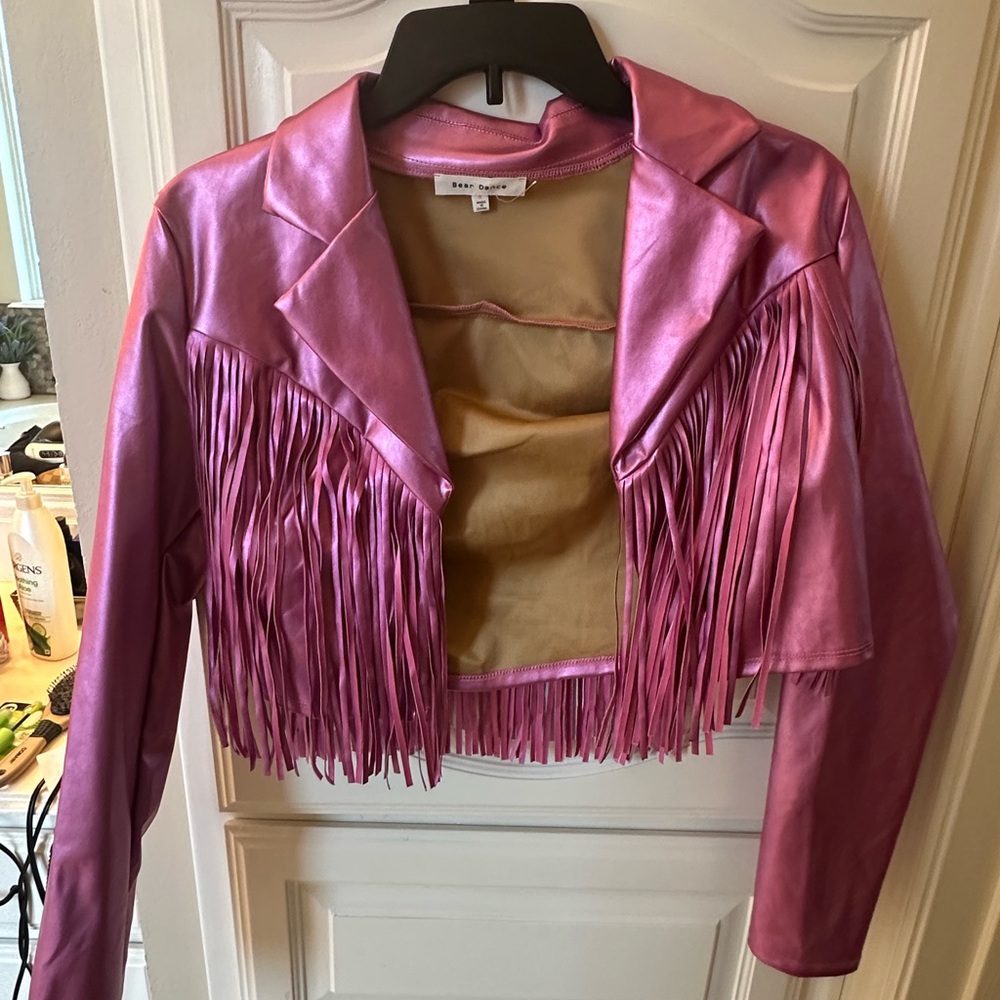 Bear Dance Metallic Pink Fringe Leather Jacket